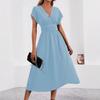 New Women's Elegant Solid Color Batwing Sleeve Maxi Dress, Overlap V-Neck Waist Pleated Long Dress for Summer Casual & Formal Occasions