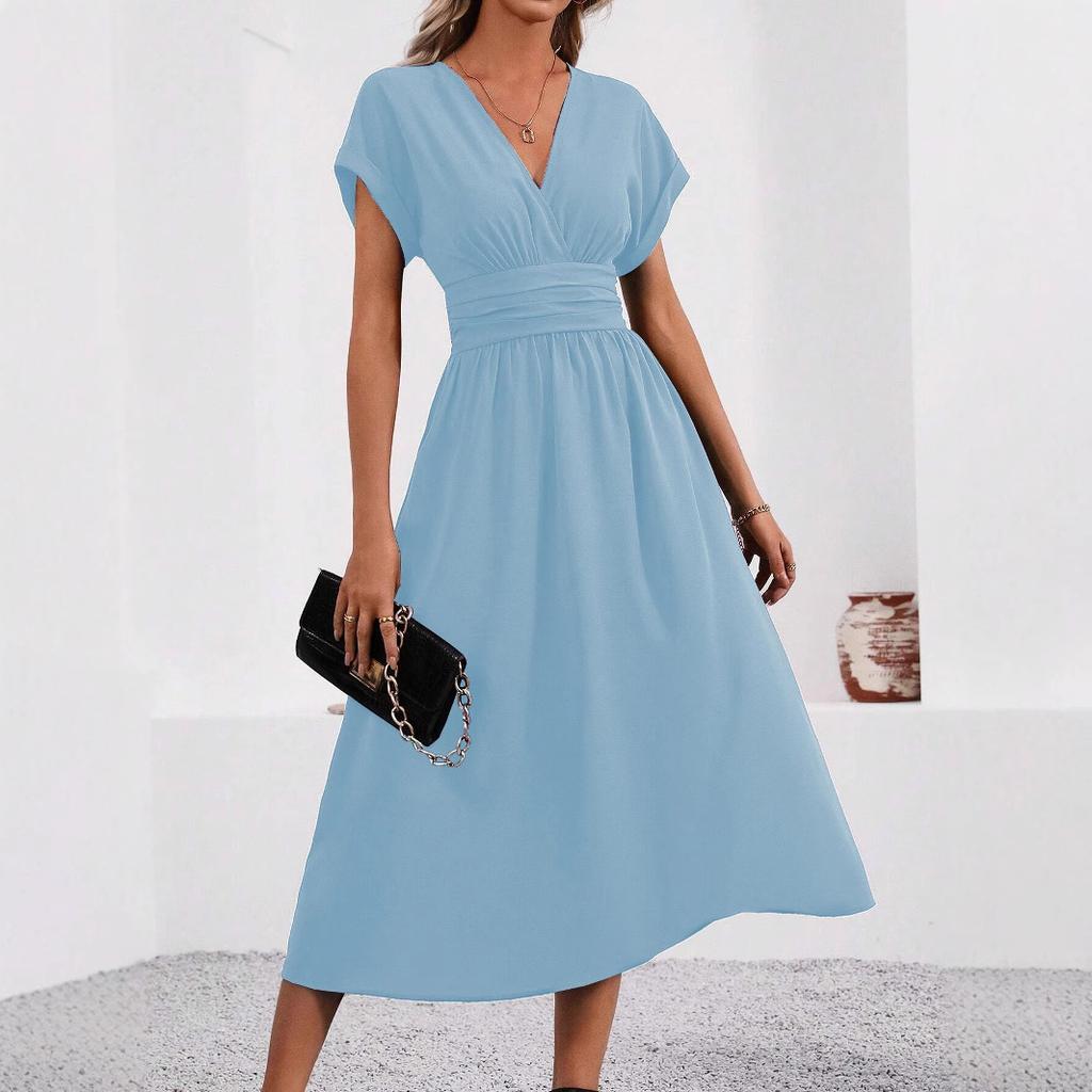 New Women's Elegant Solid Color Batwing Sleeve Maxi Dress, Overlap V-Neck Waist Pleated Long Dress for Summer Casual & Formal Occasions