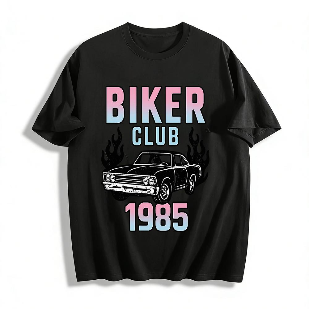 

Vintage 1985 Biker Club Graphic Tee Classic Muscle Car Flame Print Casual Trendy Short Sleeve Pure cotton T-shirt 6XL
