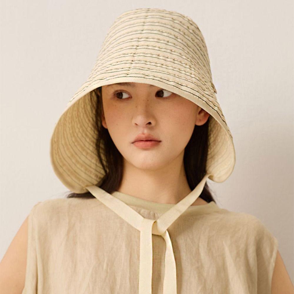 Wide Brim Women Striped Fisherman Hat Ribbon Bucket Hat Portable Sunscreen Visor Cap Girl