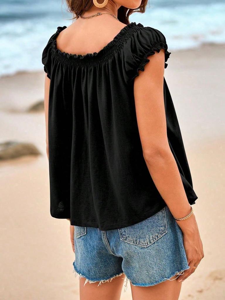 Womens Summer Tie Front Babydoll Top Cap Sleeve Pleated Flowy Blouse