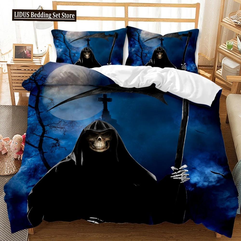 3D Totenkopf Bettbezug Set, Gothic Totenkopf Bettwäsche Sets, Totenkopf Skelett Bettdeckenbezug Full Queen Größe, Halloween Horror Steppdeckenbezug