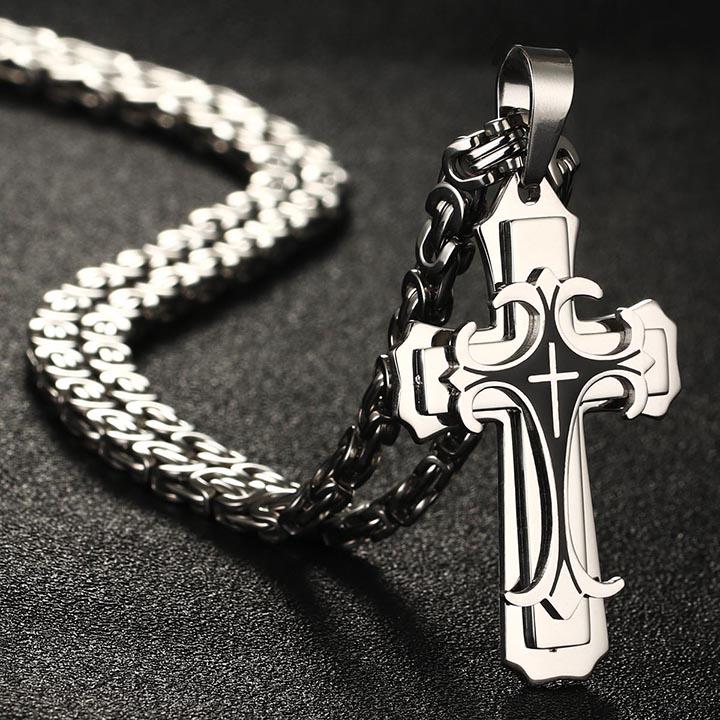 Vintage Stainless Steel Fleur-de-lis Cross Necklaces Pendants Long Byzantine Chain Necklaces Men Jewelry NC07
