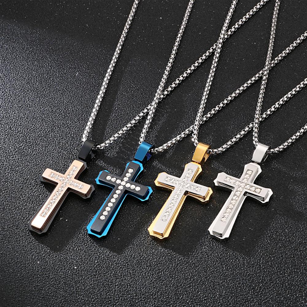 Kalen 4 Colors Cubic Zirconic Cruz Pendant Necklace Men's Street Cross Stainless Steel Jewelry Rock Cool Boy Accessories Gift