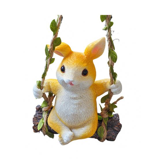 Hanging Swing Statue Rabbit Ornament Rope Tree Stump Base with Imitation Rattan Resin Craft