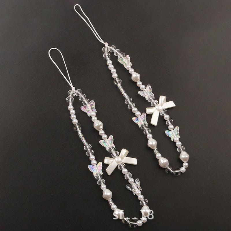 

Korean Cute Baroque White Bow Flower Beaded Phone Chain Charm Lanyard For Iphone Samsung Universal Accessories Jewelry Pendant