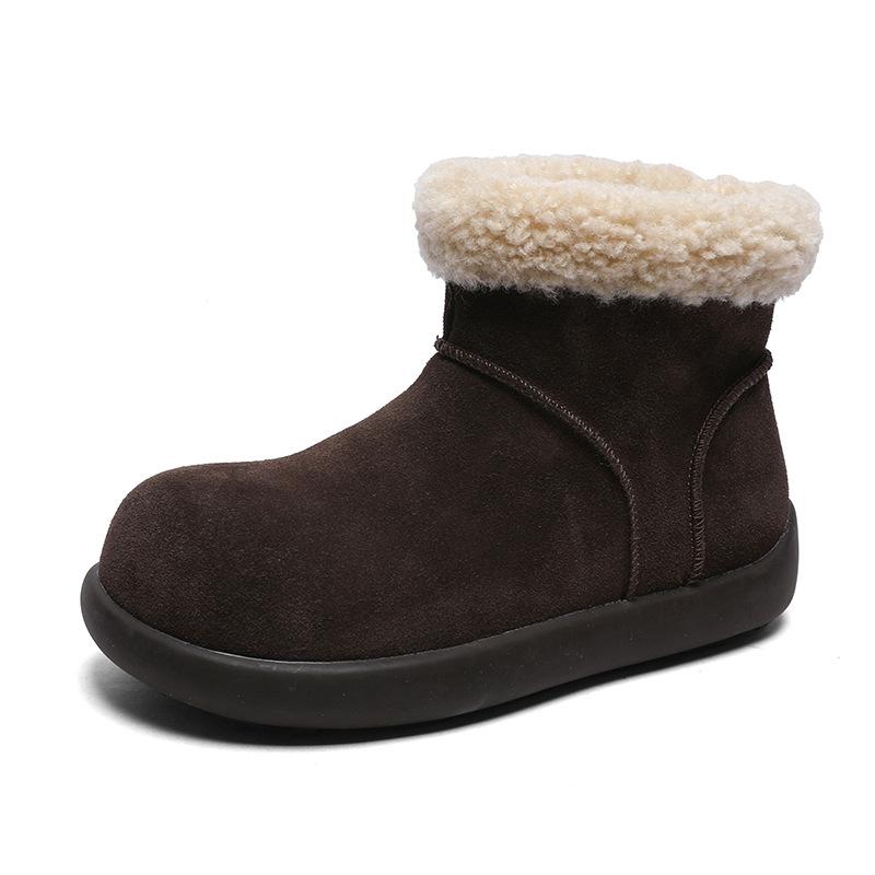 Cowhide Version~ Retro Round Head Ugly Cute Short Boots Women's Velvet Low-top Snow Boots Warm Large Cotton Shoes Thick-soled Fluffy Boots