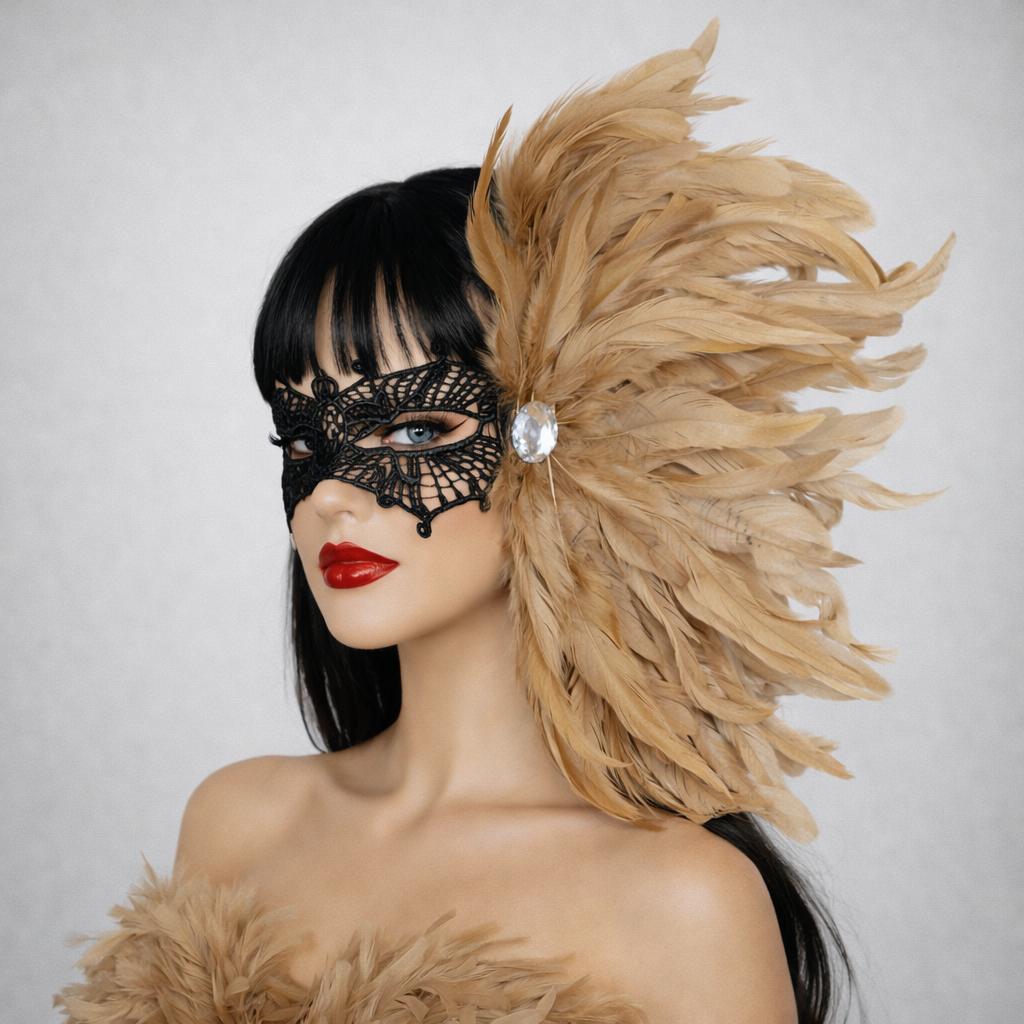 Feather Side Headpiece with Lace Eye Mask for Carnival Parade Masquerade Ball Mardi Gras Party Samba Dance Costume Outfit