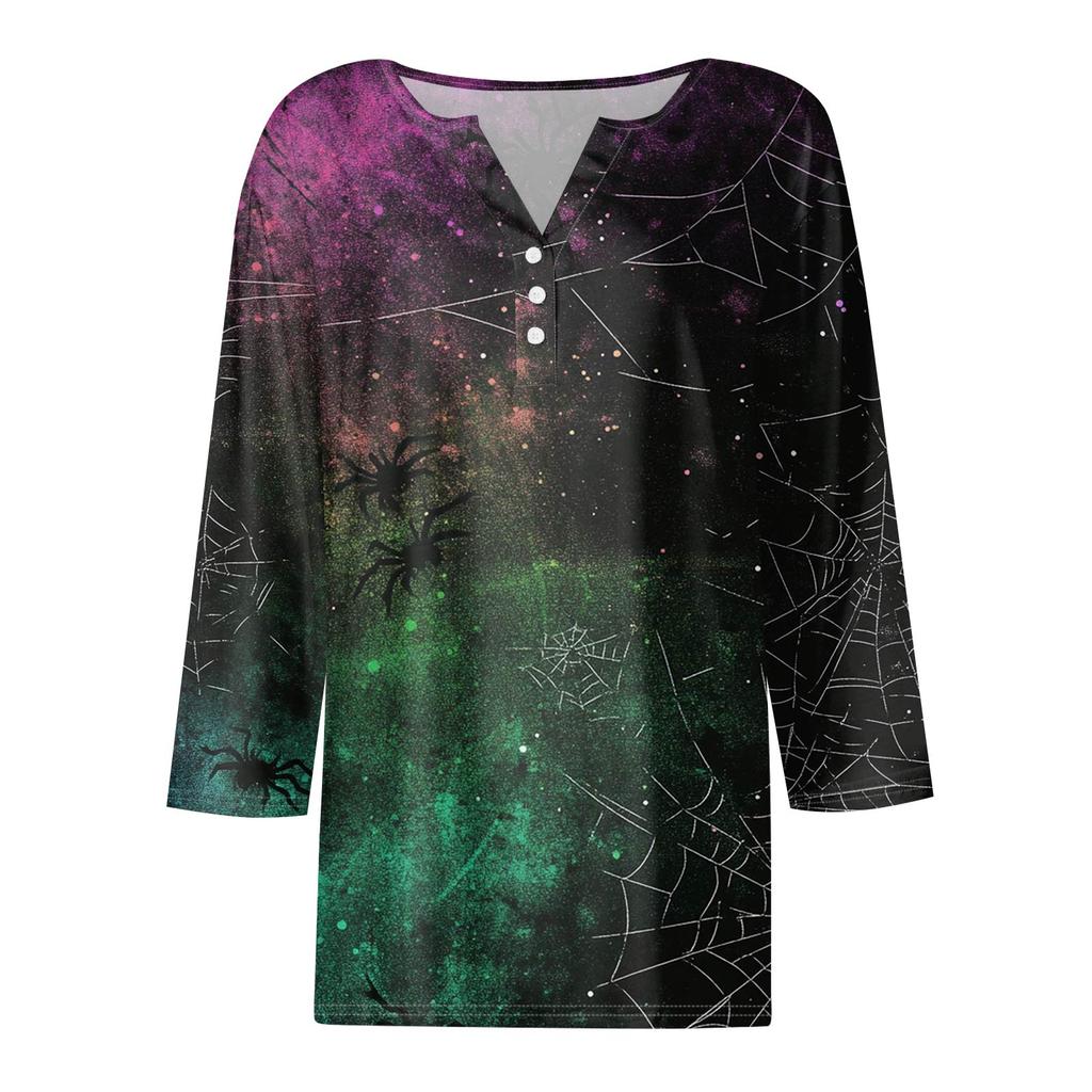 Dam Mode Casual T-shirt V-ringad Sjuärmad Tryckt Knapptopp