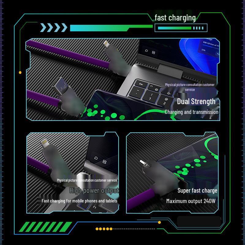 240W 4-in-1 Wireless Phone Charging Cable Compatible with Apple, Featuring Colorful LED Lights