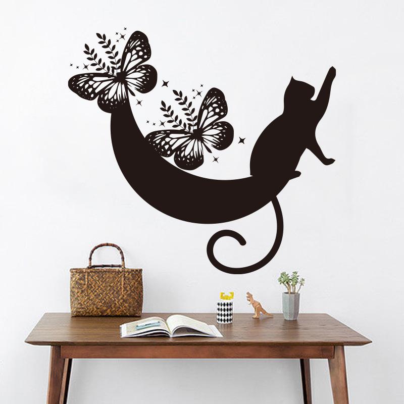 Black Moon Cat Wall Stickers Stars Home Bedroom Decor Peel and Stick Wall Art Removable Vinyl Decals for Room Beautification