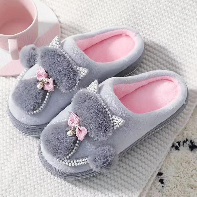 Fashion Girls Winter cotton slippers plush indoor rhinestone ladies shoes 2025 stylish new arrival women platform slippers