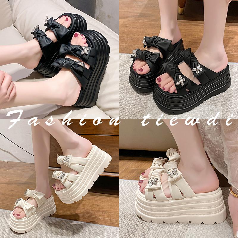 9CM Women's Chunky Slippers Summer High Platform Wedges Shoes Woman Butterfly-Knot Beach Flip Flops Thick Bottom Sandalias Mujer