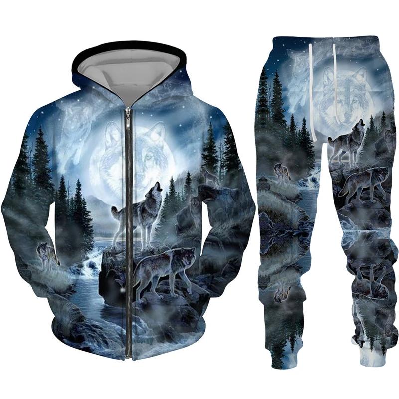 Men's Zipper Hoodie Set 3D Printed Animal Wolf Sportswear/Pants Casual Street Long Sleeve Loose Spring Autumn 2 Piece Set