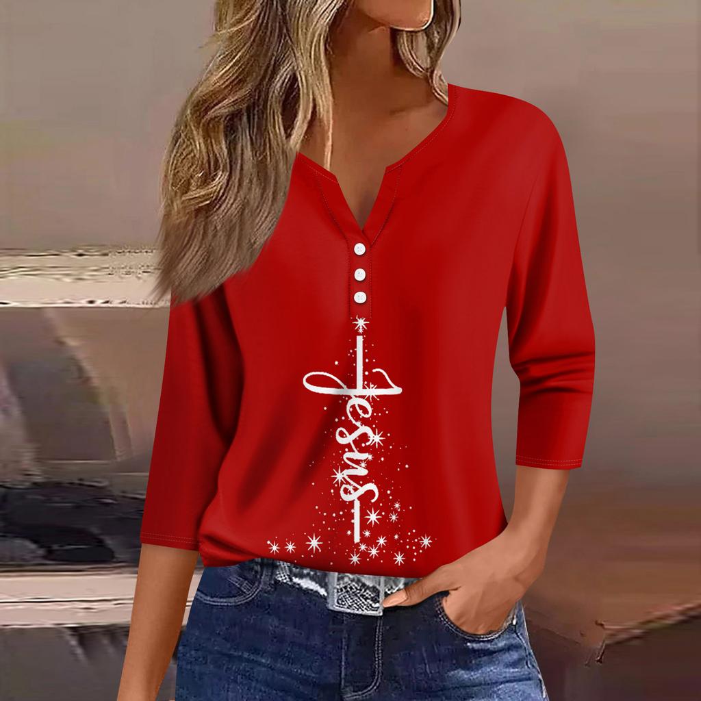 Women's Fashion Casual Three-quarter Sleeve V-neck Floral Print Top