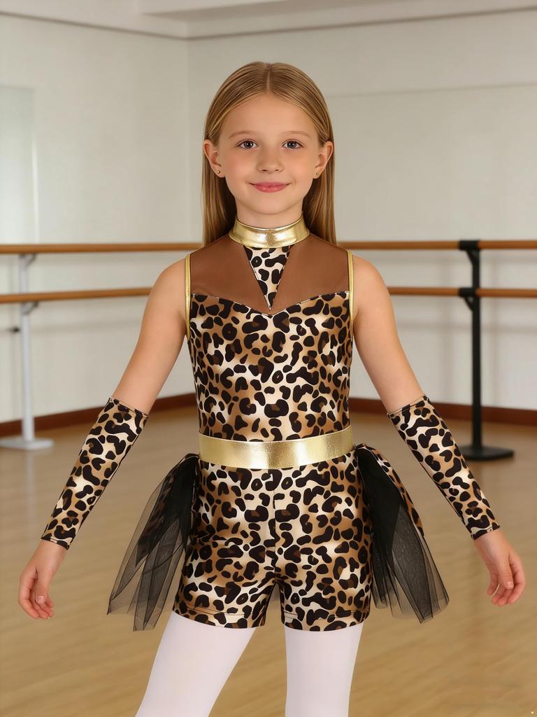 Girls Caveman Cosplay Leopard Pattern Jumpsuit Gloves Mesh Metallic Shiny Patchwork Sleeveless Tutu Skirt