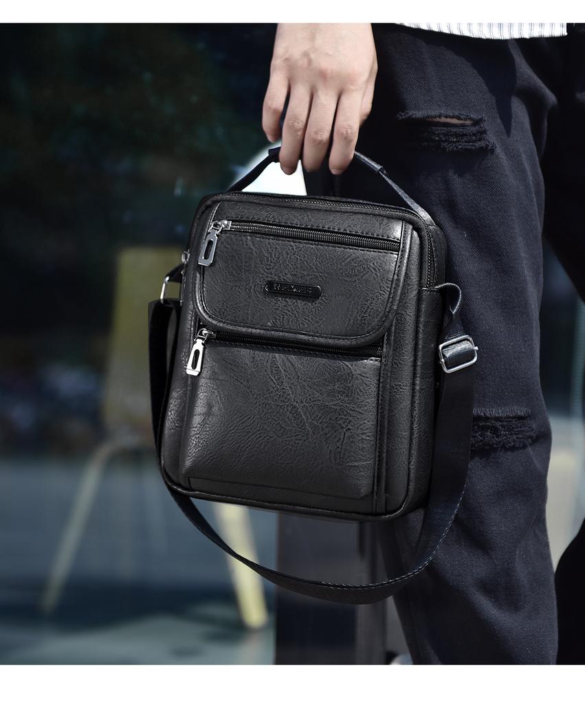 Mens Vintage Fashion Sling Bag Large Capacity Solid Pu Leather Message Bag One Shoulder Bag with Handle
