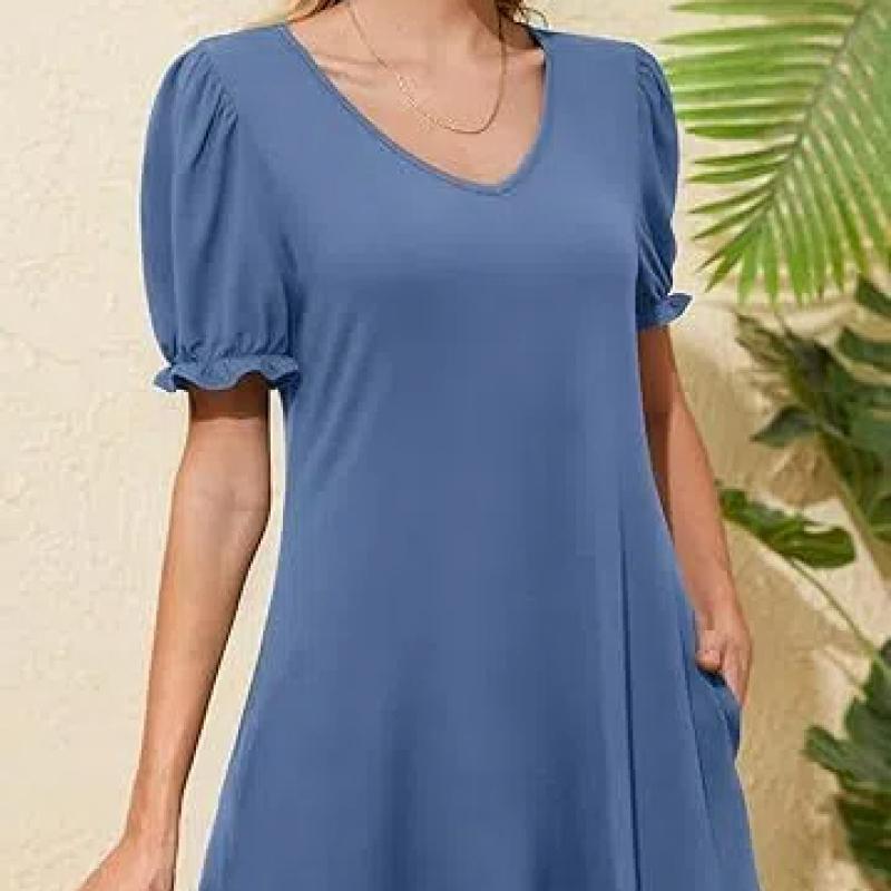 

New Women s Solid Color V-Neck Short Sleeve Dress, Ruffle Hem Pocket Detail Casual Summer Midi Dress, Elegant Pullover Shift Dress for Daily Wear XXL