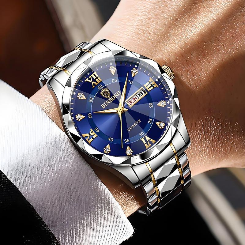 Herrenuhr Wasserdicht Leuchtende Uhr Rhombus Spitze Glas Doppelkalender Trend Freizeit Uhr Herren
