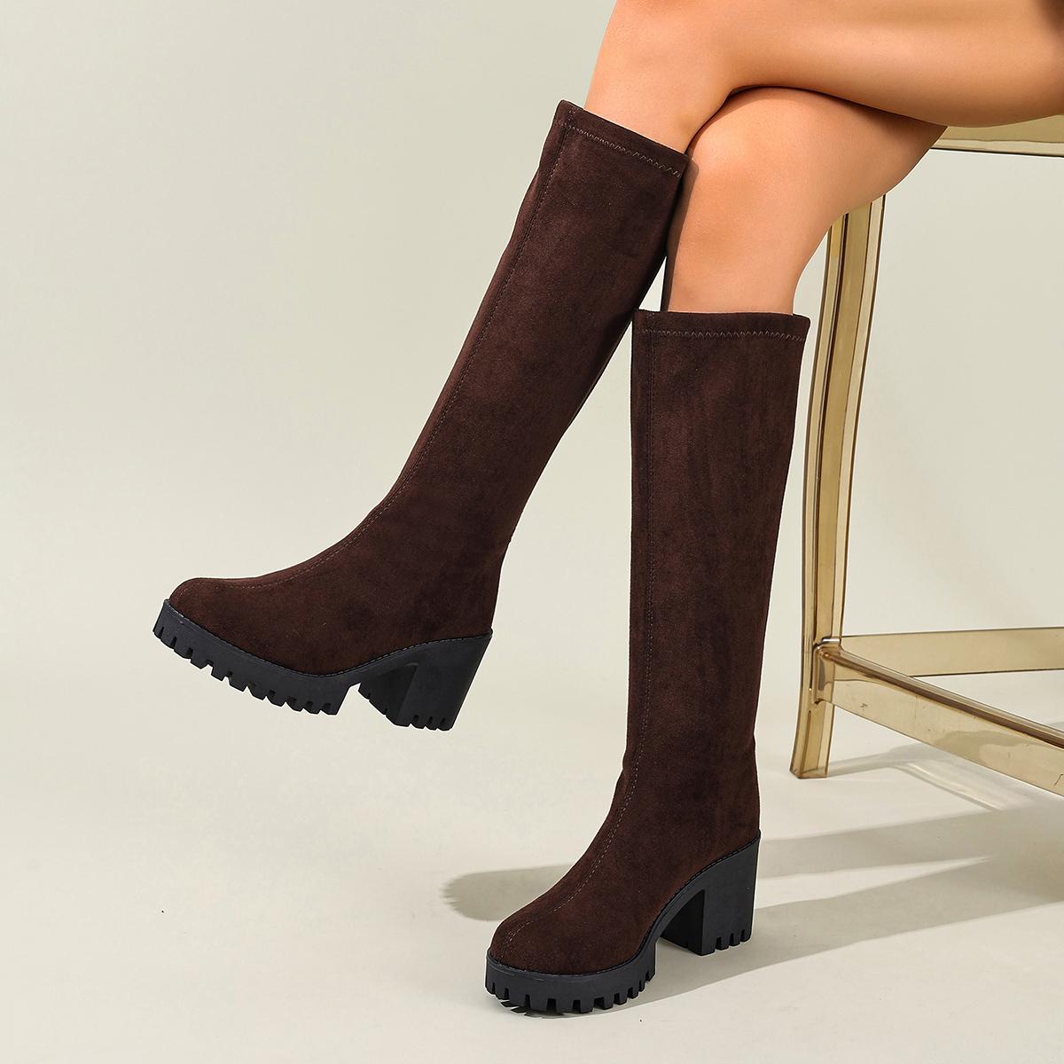 

Зимние замшевые удобные теплые повседневные ботинки-рыцари с круглым носком, модные новые ботинки до середины голени на толстой подошве с противоскользящей подошвой, сексуальные 43 коричневый