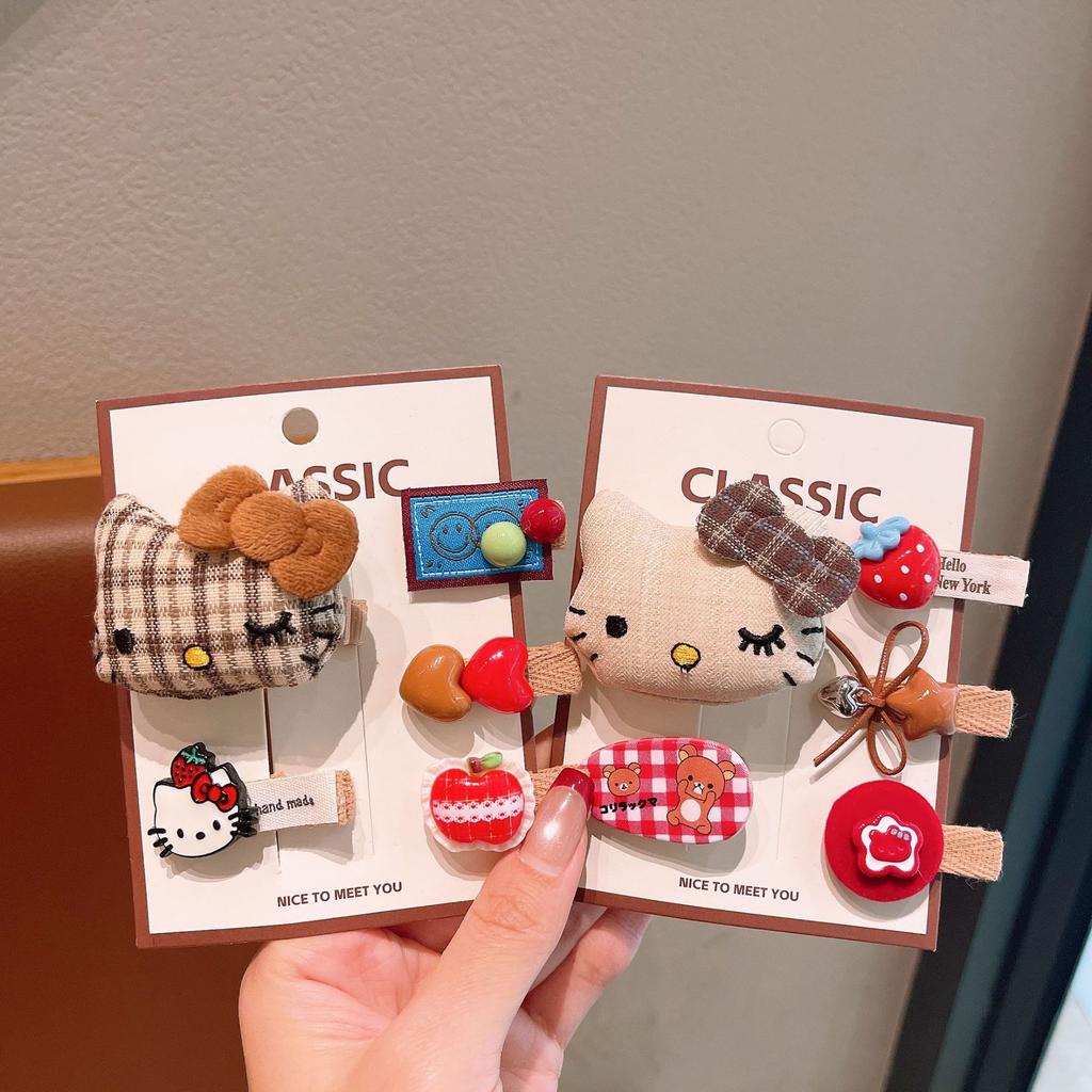 Cute Cartoon Plaid Kt Cat Children'S Hairpin Autumn And Winter Milk Coffee Girl Forehead Bangs Clip Baby Hairpin Clip