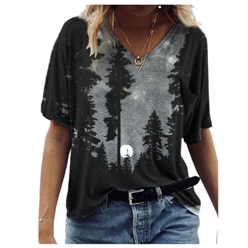 Fashion Spring  Forest Print Blouses Short Sleeved V-Neck T Shirts Casual