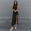 Women Evening Party Sleeveless High Collar Solid Color Bodycon Sexy Split Package Hip Dress