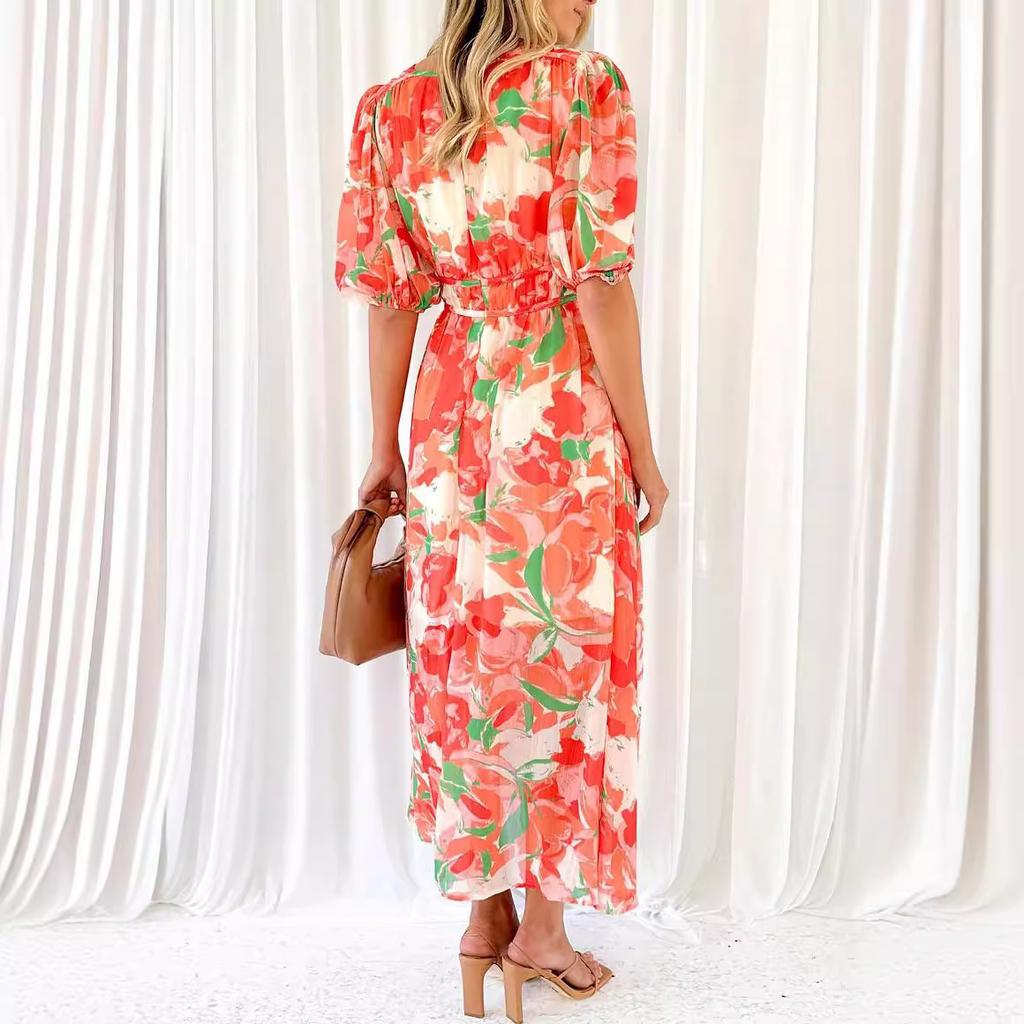 YYFS Women's Fashion Summer Spring Flower Pattern Print 1/2 Sleeves V-Neck High Waist Casual Dresses