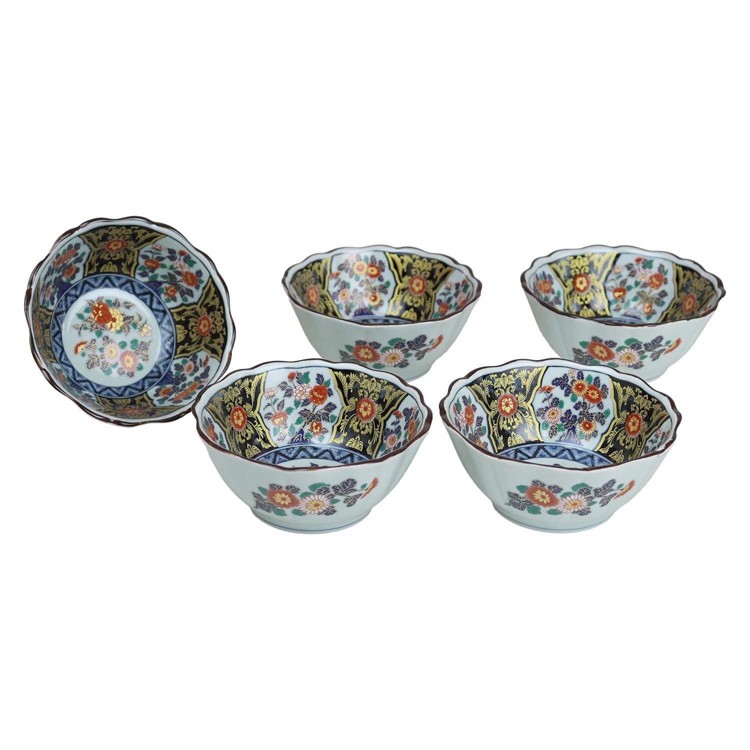

Yuuki Roman, Old Imari Style Octagonal Bowls (5 pieces), Dyed Brocade and Gold Pattern, Gorgeous and Ornate [Arita Ware, Made in Japan]