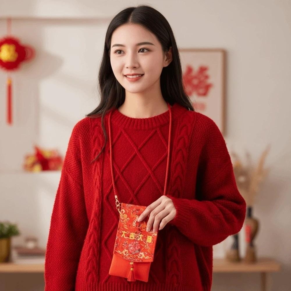 Traditional Spring Festival Red Envelope Tassels Printed Children's Money Bag Bonus Hongbao God of Wealth Red Pocket Wedding