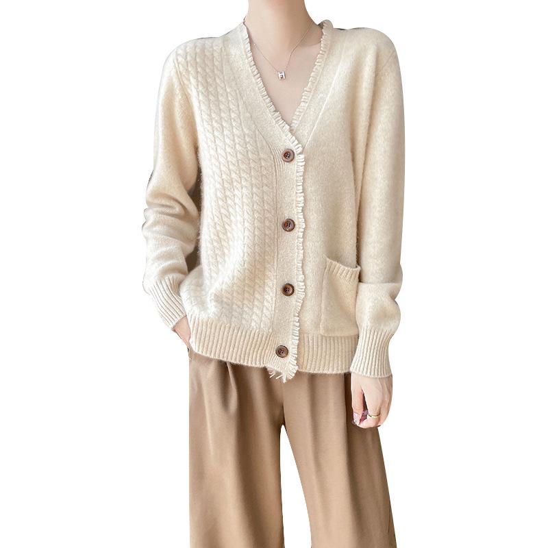 Women's 100% Wool V-neck Tassel Edge Cardigan Sweater - Soft, Loose Knit for Spring and Autumn