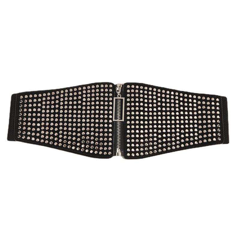 Small Flat Multiple Nail Zipper Waist Seal Waistband With Rivets Belt Black