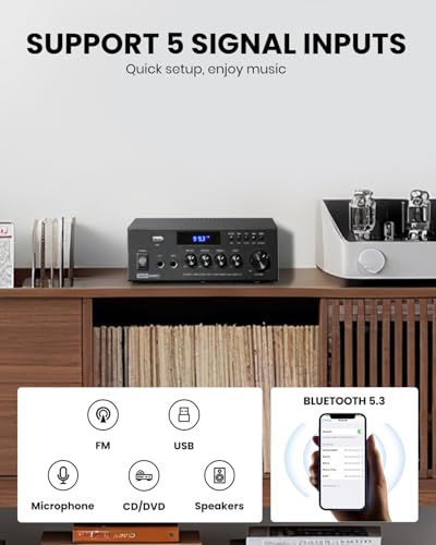 Moukey MAMP3 Home Audio Amplifier, 2.0-Channel Stereo Receiver with Bluetooth 5.3, Full-Featured Remote, FM, RCA, USB, Two Mic Inputs, 300W Peak Outpu