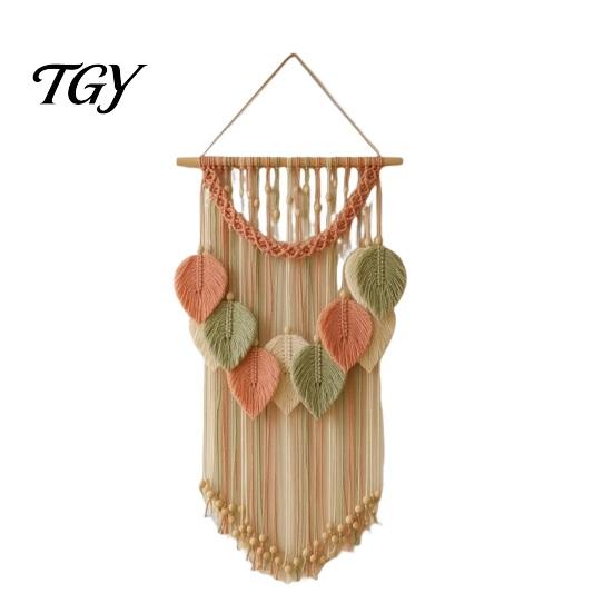 Textured Wall Art for Bedroom Hanging Tapestry, Boho Leaf Decor, Large Tapestry with Wood Beads, Handmade Soft Natural Woven Art, Farmhouse