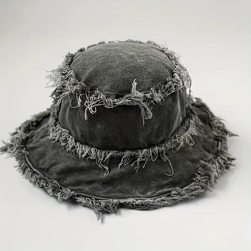 Bucket Hat Letter Print Label Basin Hats Stylish All-Match Lightweight Fisherman Hats-Daily Wear Matching And Shading Raw Hem Denim