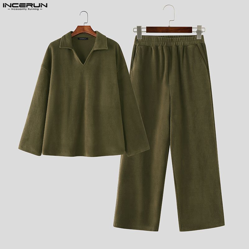 INCERUN Two Pieces Sets Winter Autumn Men Long Sleeve Furry Pullovers Long Pants Casual Outfits
