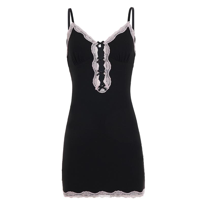 Пикантное платье-комбинация в стиле Y2K с кружевом, бантом и вырезом Small