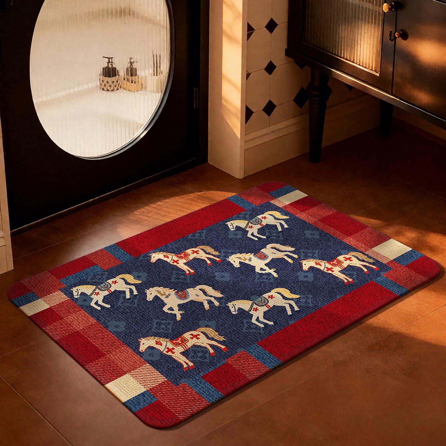 

Новогодний Ретро Коврик для Ванной из Искусственного Льна Противоскользящий Впитывающий Коврик для Пола Винтажный Узор с Лошадьми Быстросохнущий Коврик для Ванны Придверный Коврик 40x60cm