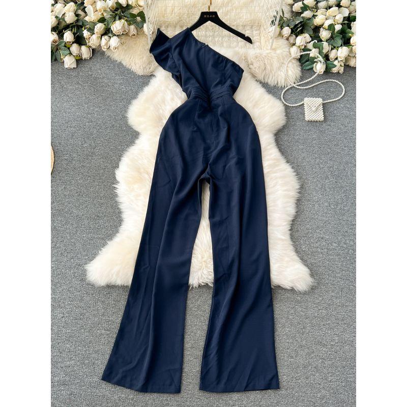 Travel Holiday Style Diagonal Collar Strapless High Waist Jumpsuit