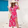 Women Summer High Waist A Line Dress Ethnic Printed Short Sleeve Lace Up