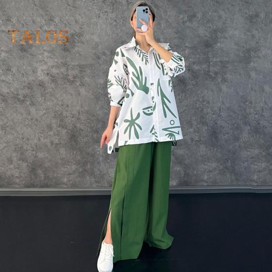 2 Pcs/Set Women Shirt Pants Set Long Sleeves Printed Lapel Collar Chest Pocket Single-breasted Blouse Stretchy Waist Side Split Pants Set Casual