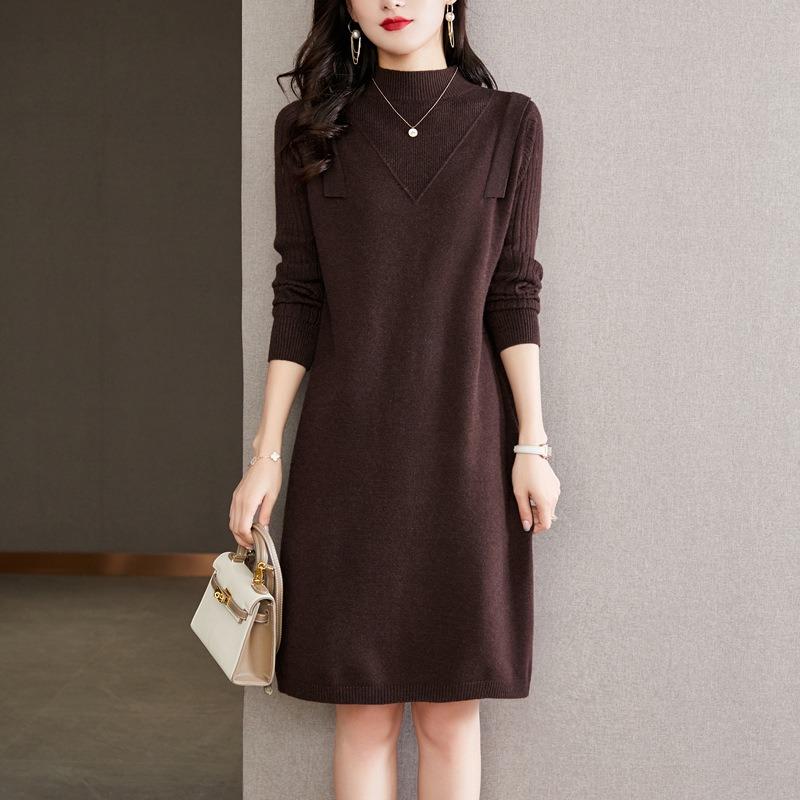With coat sweater skirt women's autumn and winter wear knitted dress semi-turtleneck medium and long inner bottoming shirt