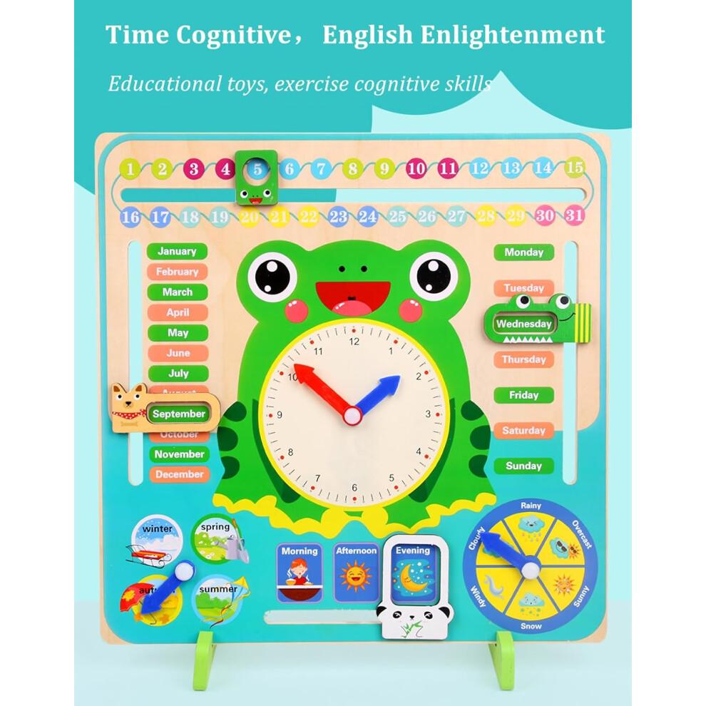 Wooden Calendar for Kids Montessori Learning Clock 7 in 1 Toddler Daily Calendar Educational Toy for Preschool Time Telling