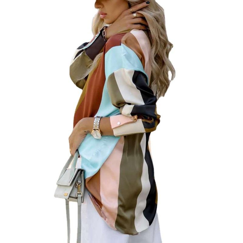 Europa und Amerika Border Hemd Locker Frühling und Herbst Druck Einreihiger Cardigan Laterne Langarmhemd für Damen