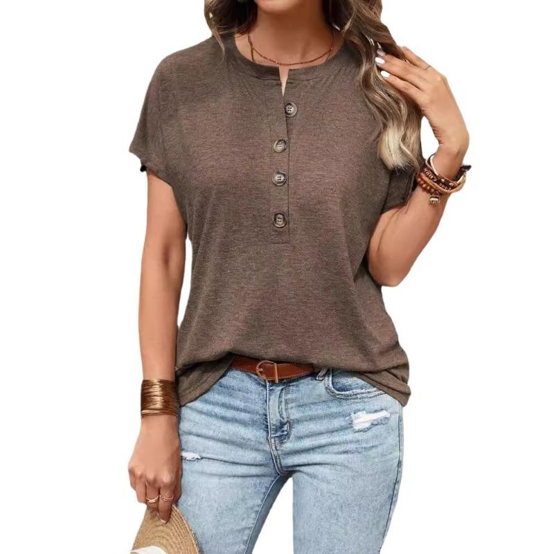 Women S Short Sleeve V Neck Solid Button T Shirt Casual
