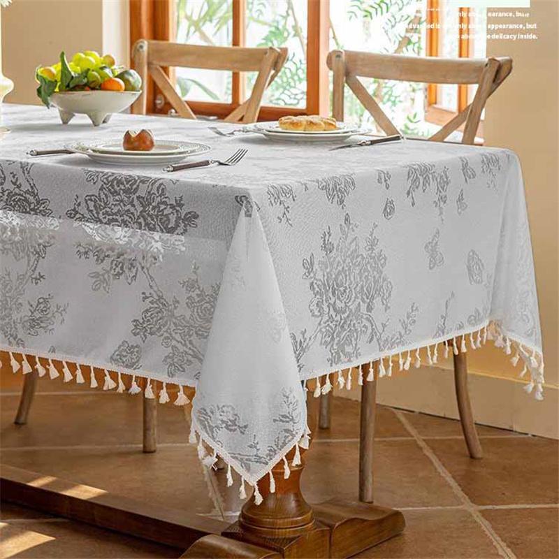 Luxe Tasseled & Jacquard Polyester Tablecloth - Rectangle Lace Dust Cover for Dining & Console Tables Home Decor
