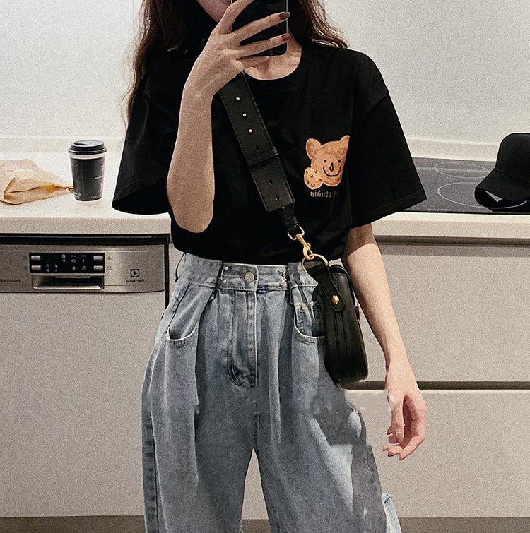 SCIONE Retro Bear Cartoon Printing Short-sleeved Round Neck Loose Leisure Versatile T-shirt 2025 New Sweet Cute Bear Couple Clothing