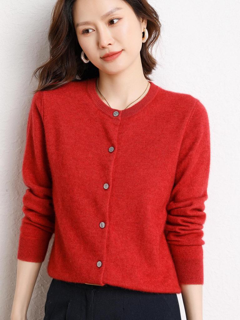 Women's Long Sleeve Cashmere Cardigan - Plain Round Neck Knitwear for Autumn/Winter