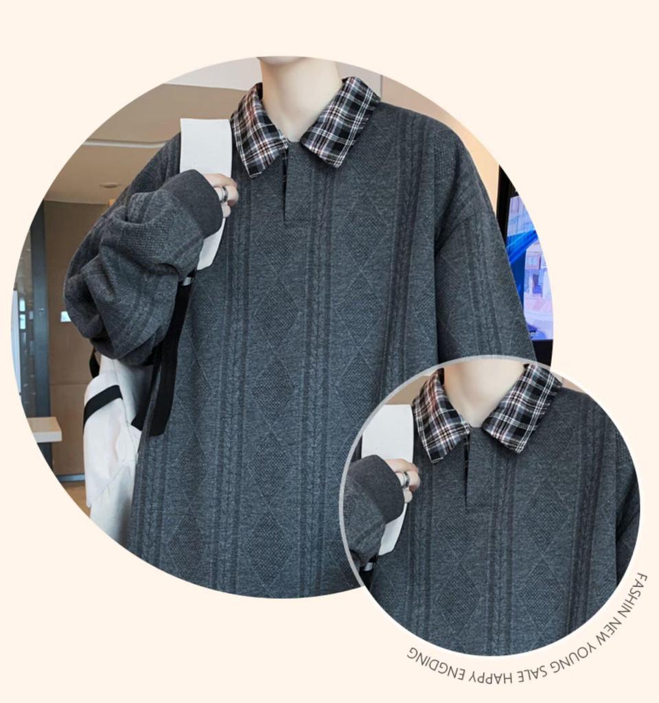 Men's Retro Color Block Plaid Long Sleeve Polo Collar Hoodie