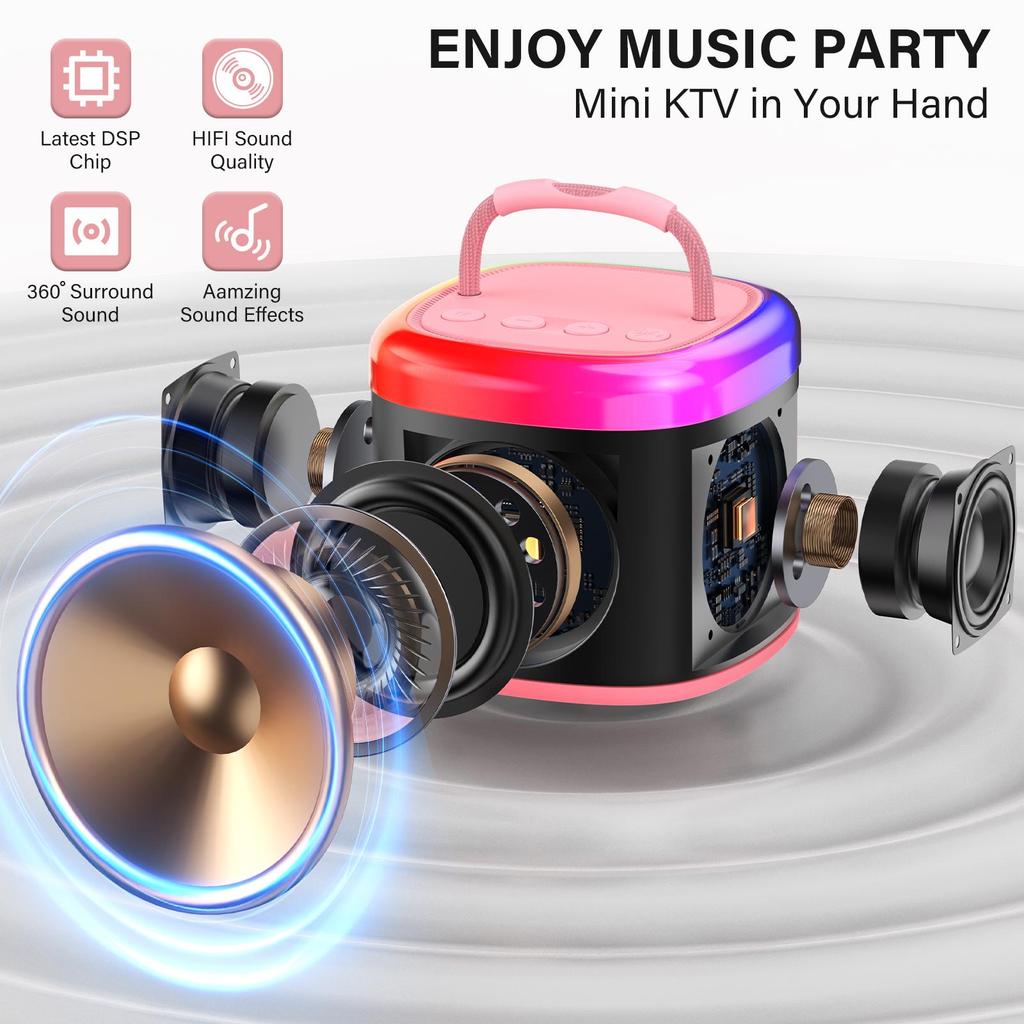 Mini Karaoke Machine voor Kinderen, Draagbare Bluetooth Karaoke Speaker Ongevoede Kasten met 1 Draadloze Microfoons en Feestverlichting voor Volwassenen(Roze)
